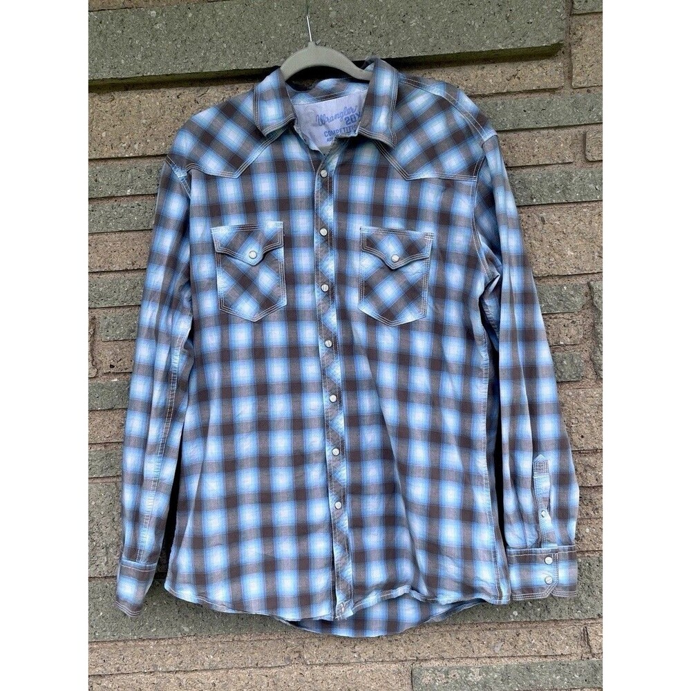 Men’s Large Tall LT Wrangler Competition Blue Plaid Pearl Snap Western Shirt